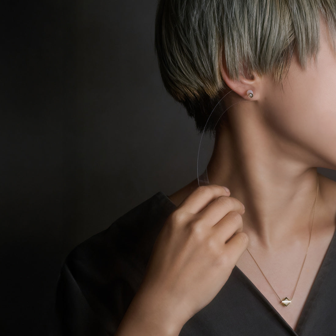 [数量限定] BAND NECKLACE SMORKY QUARTZ & SPOT EARRING 2.5mm